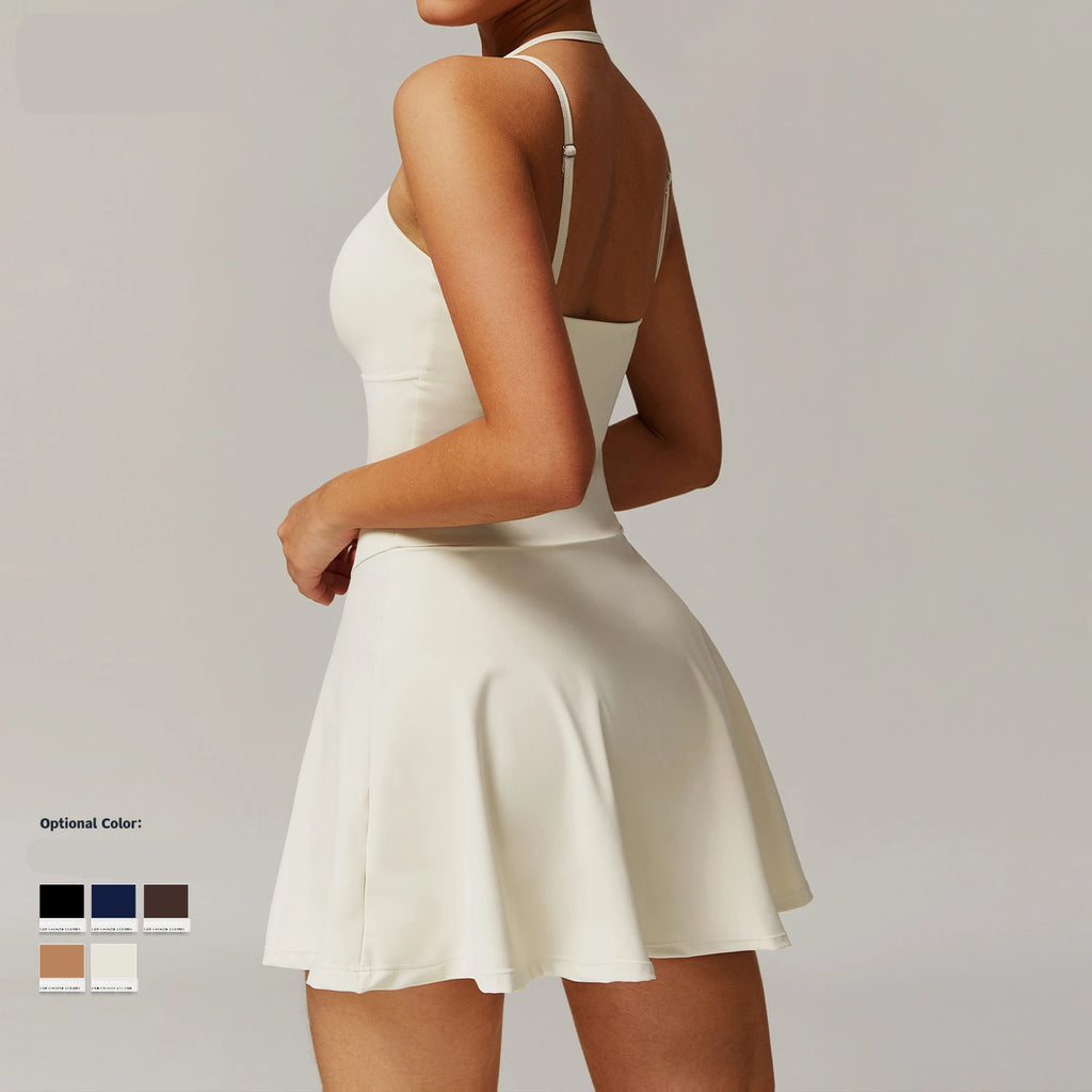 Women’s Tennis Strap Dress – A-Line Sports Skirt with Pockets