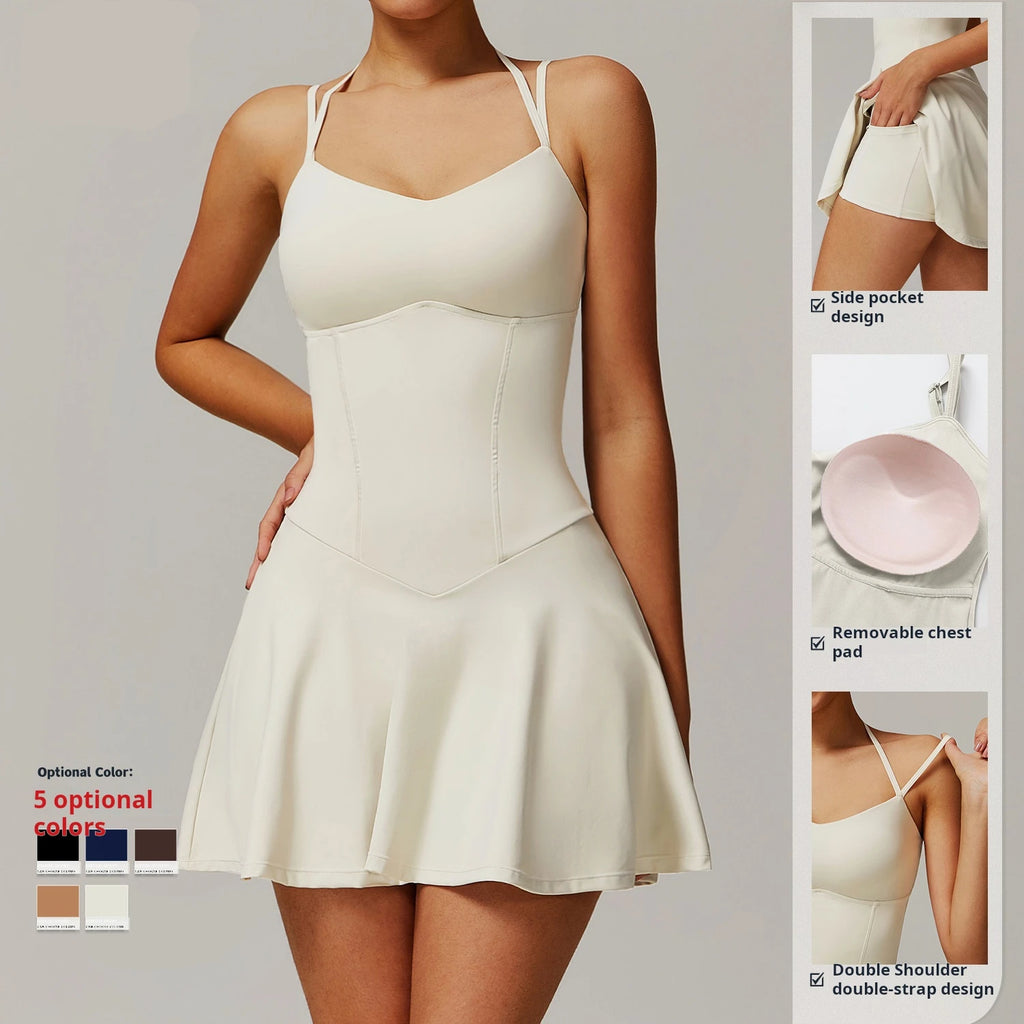 Women’s Tennis Strap Dress – A-Line Sports Skirt with Pockets