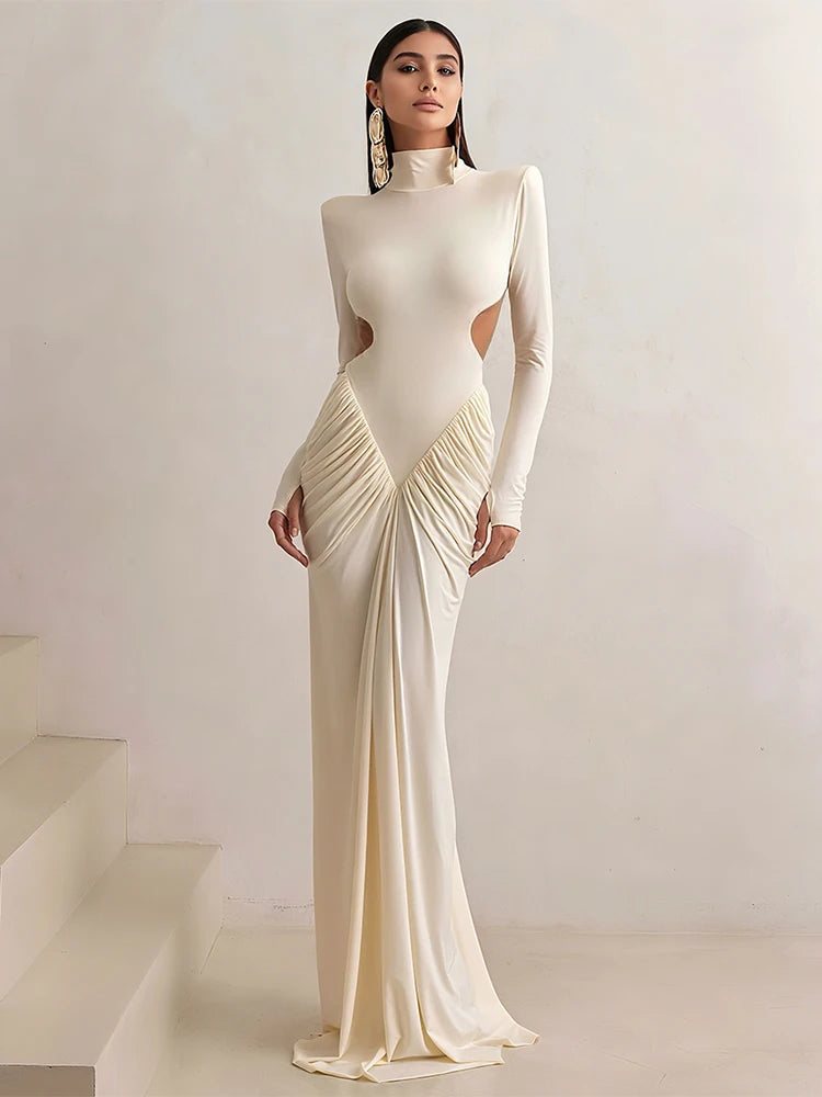 Backless Ruched Maxi Dress – Women’s Long Sleeve Elegant Banquet Outfit