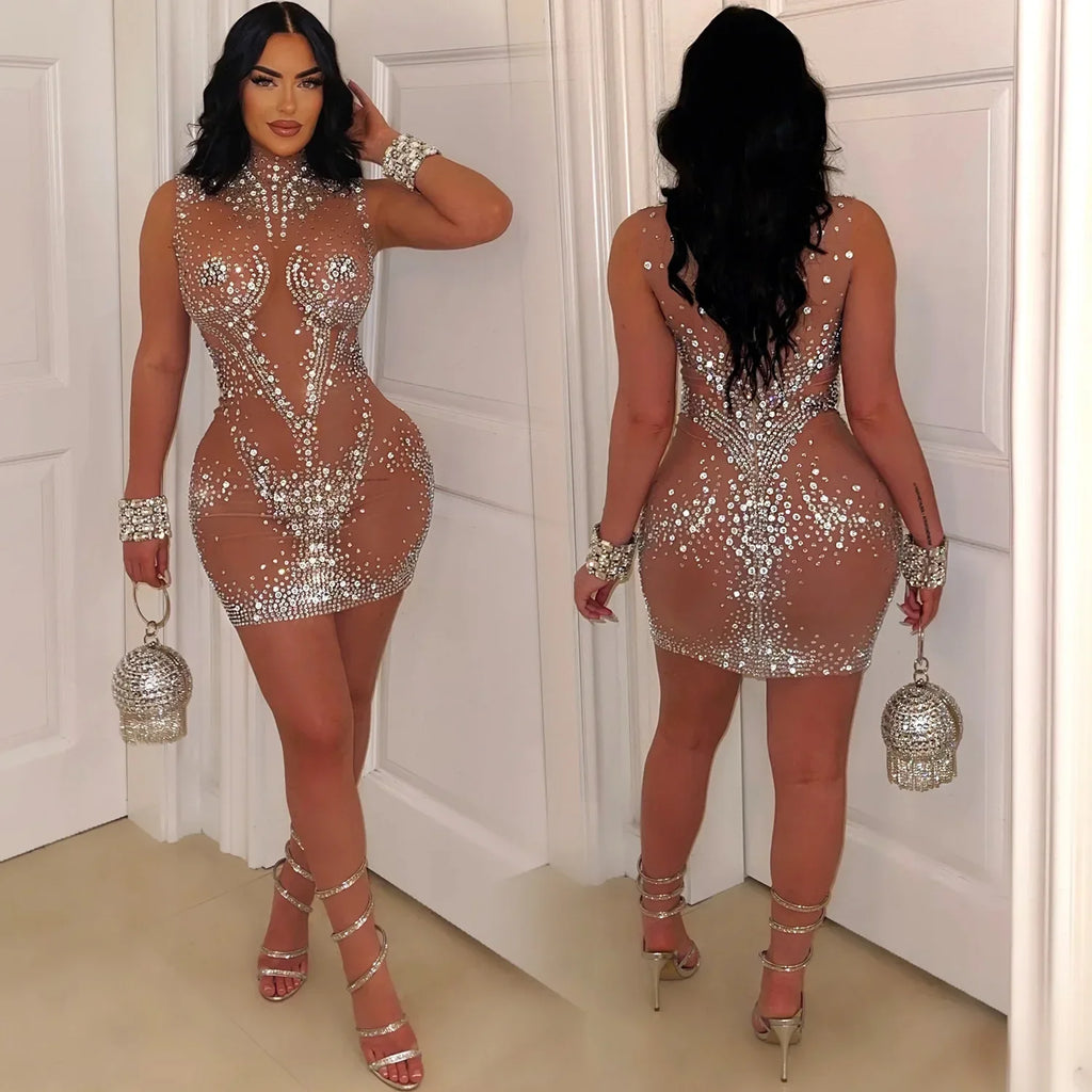 Sexy Mesh Rhinestone Mini Dress – Women’s Sleeveless Bodycon Summer Outfit