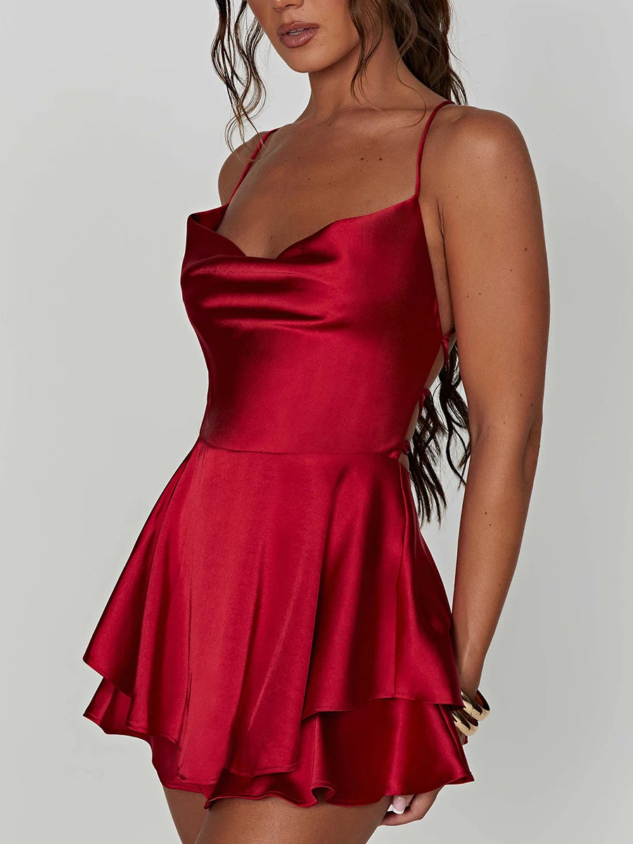 Satin Silk Sexy Cami Romper – Women’s Cowl Neck Backless Summer Playsuit