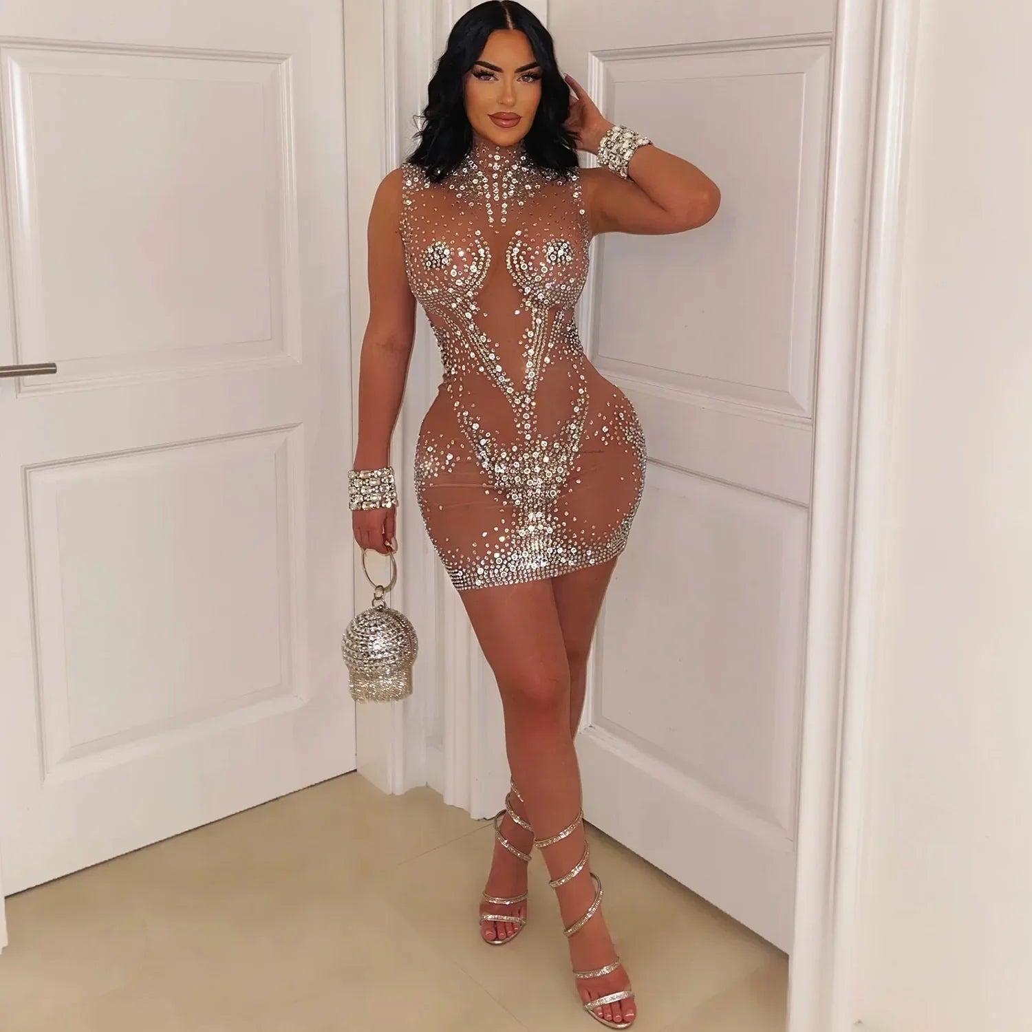 Sexy Mesh Rhinestone Mini Dress – Women’s Sleeveless Bodycon Summer Outfit