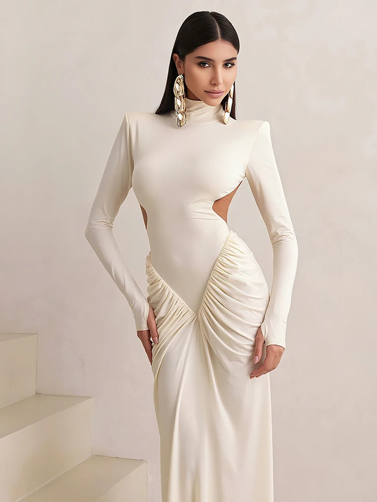 Backless Ruched Maxi Dress – Women’s Long Sleeve Elegant Banquet Outfit