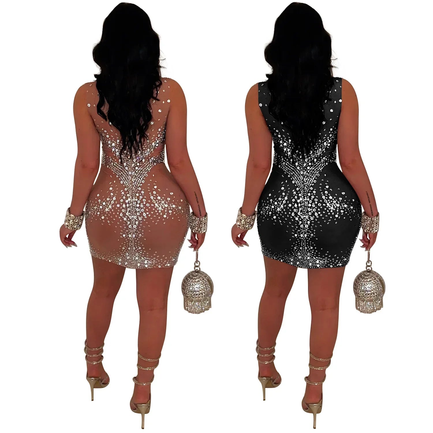 Sexy Mesh Rhinestone Mini Dress – Women’s Sleeveless Bodycon Summer Outfit