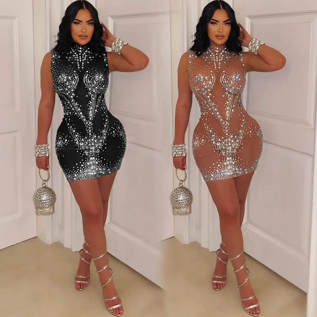 Sexy Mesh Rhinestone Mini Dress – Women’s Sleeveless Bodycon Summer Outfit