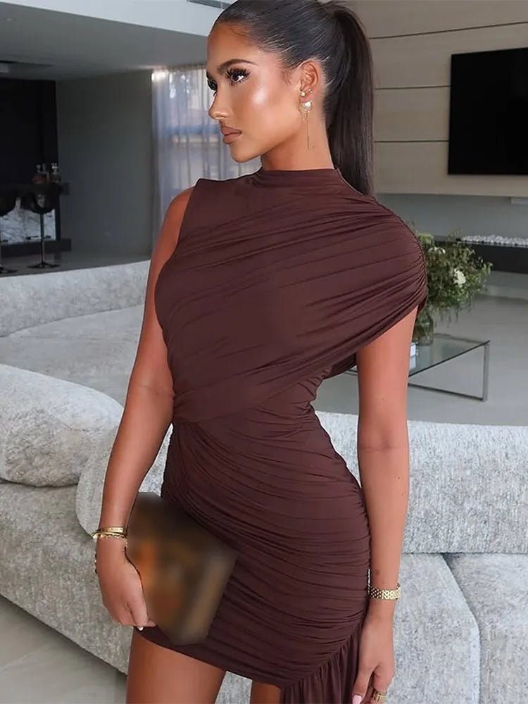 Elegant Pleated Maxi Dress – Women’s Long Sleeve High Neck Summer Gown