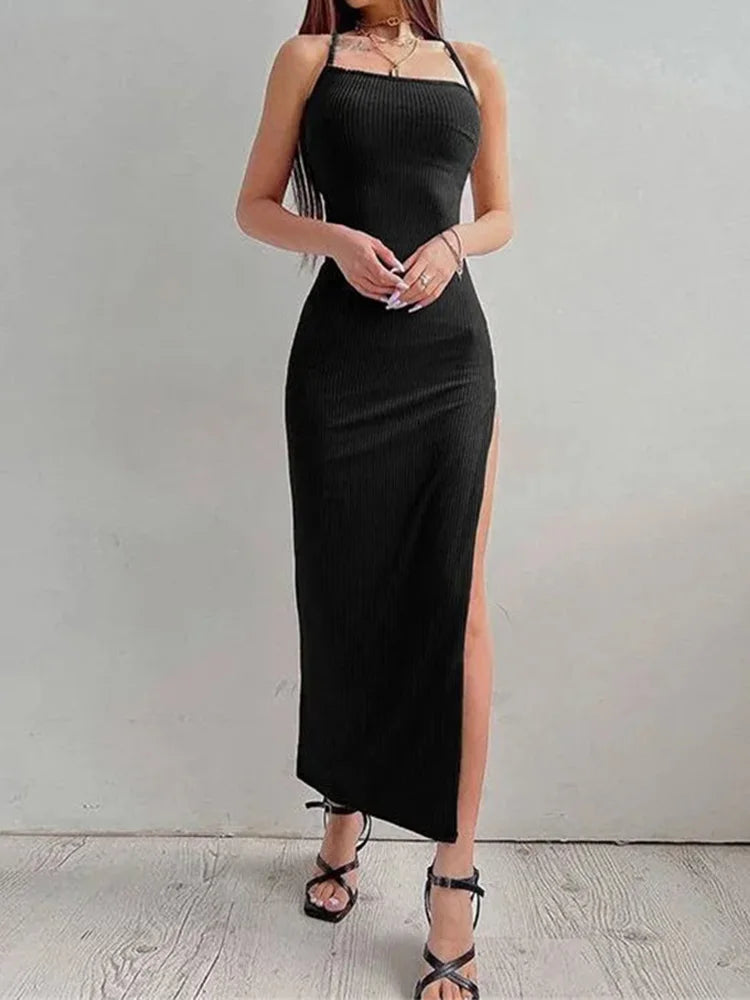 Sexy Black Bodycon Maxi Dress – Women’s Halter Neck Backless Split Dress
