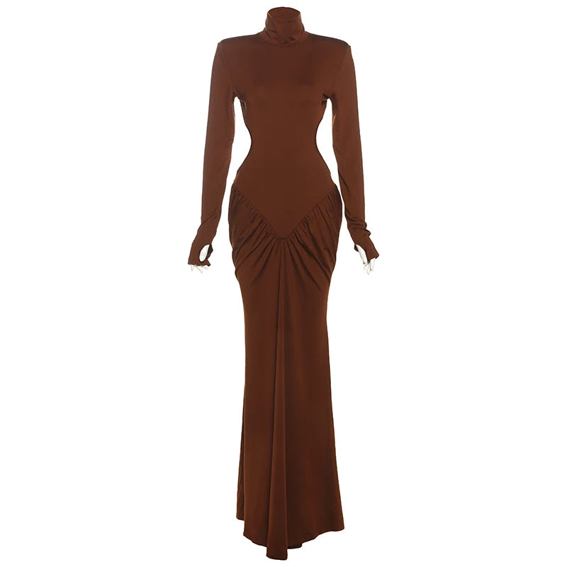 Backless Ruched Maxi Dress – Women’s Long Sleeve Elegant Banquet Outfit