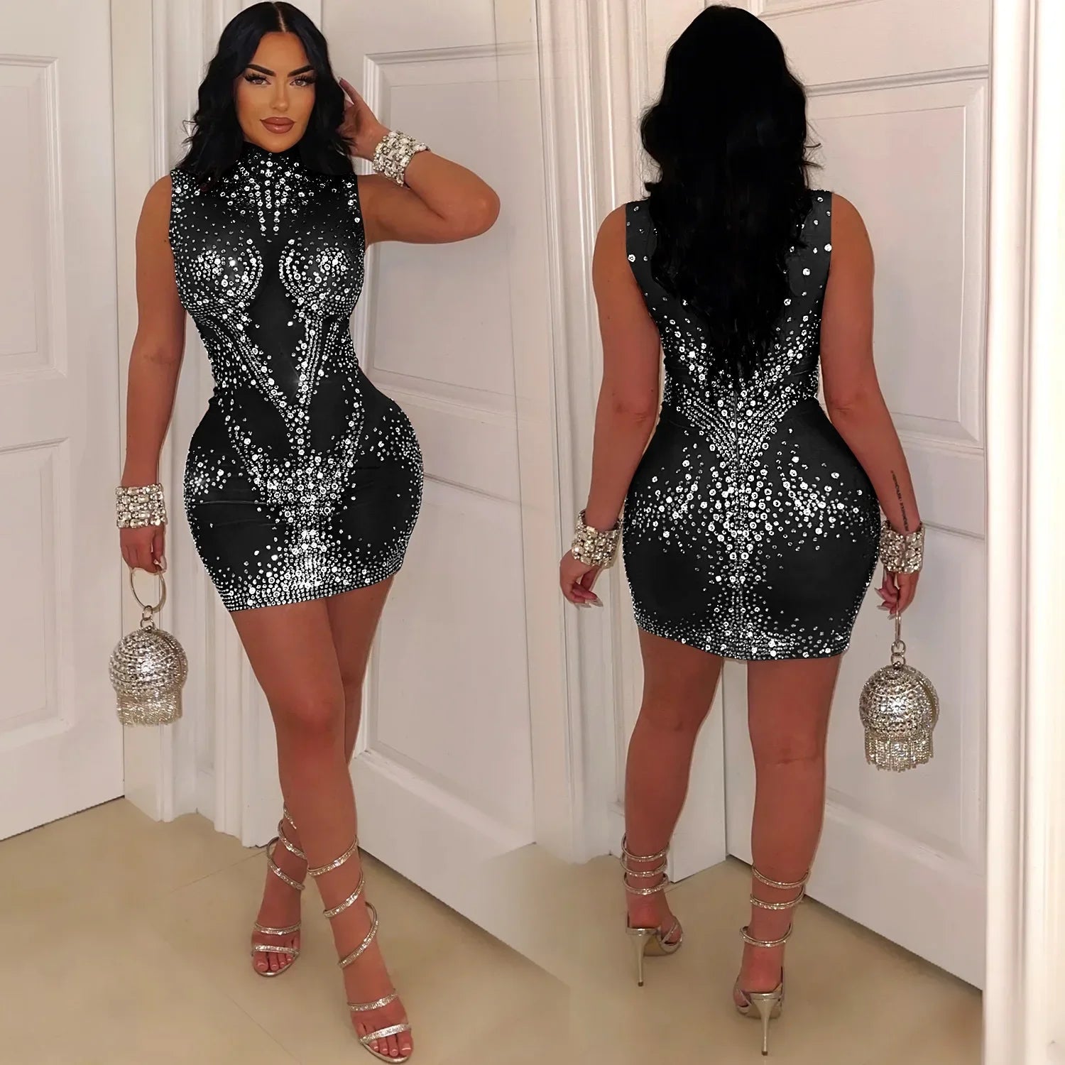 Sexy Mesh Rhinestone Mini Dress – Women’s Sleeveless Bodycon Summer Outfit