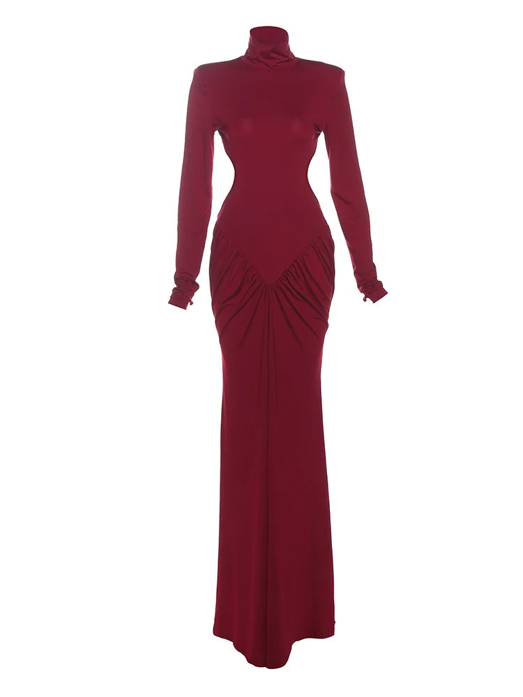 Backless Ruched Maxi Dress – Women’s Long Sleeve Elegant Banquet Outfit
