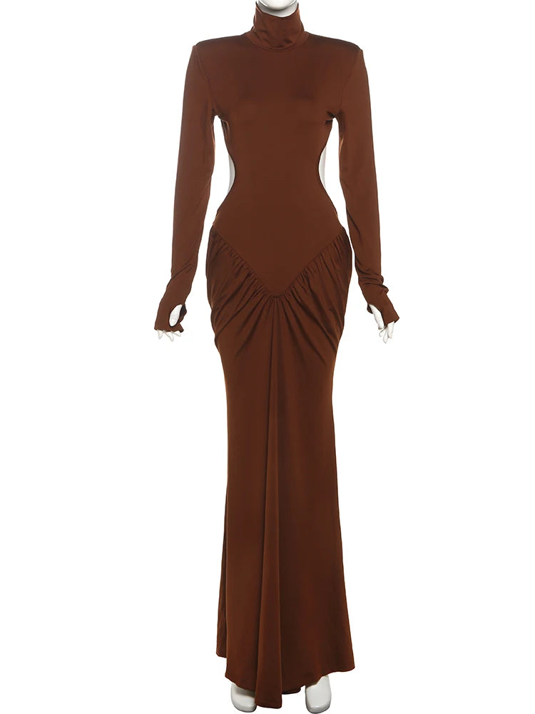 Backless Ruched Maxi Dress – Women’s Long Sleeve Elegant Banquet Outfit