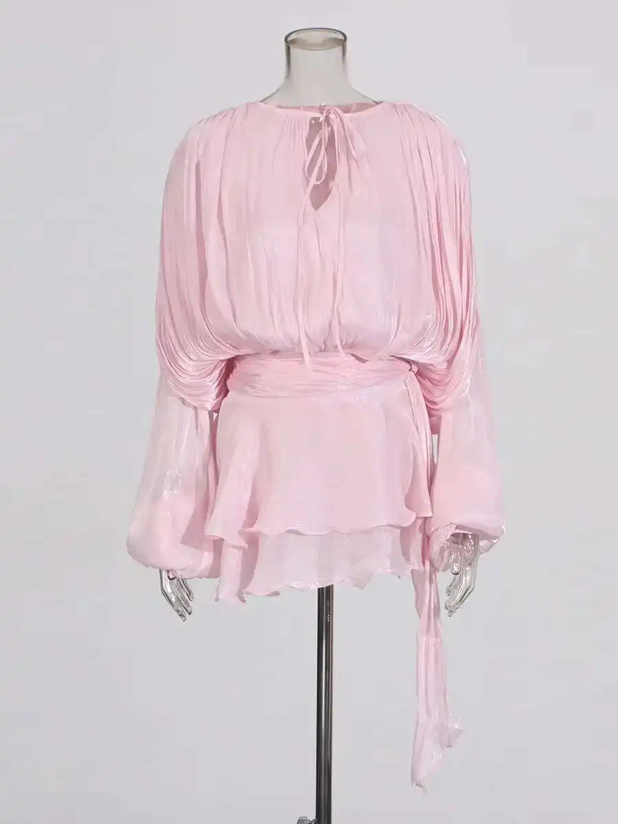 Solid V-Neck Mini Dress for Women – Long Sleeve Lace-Up Sweet Style